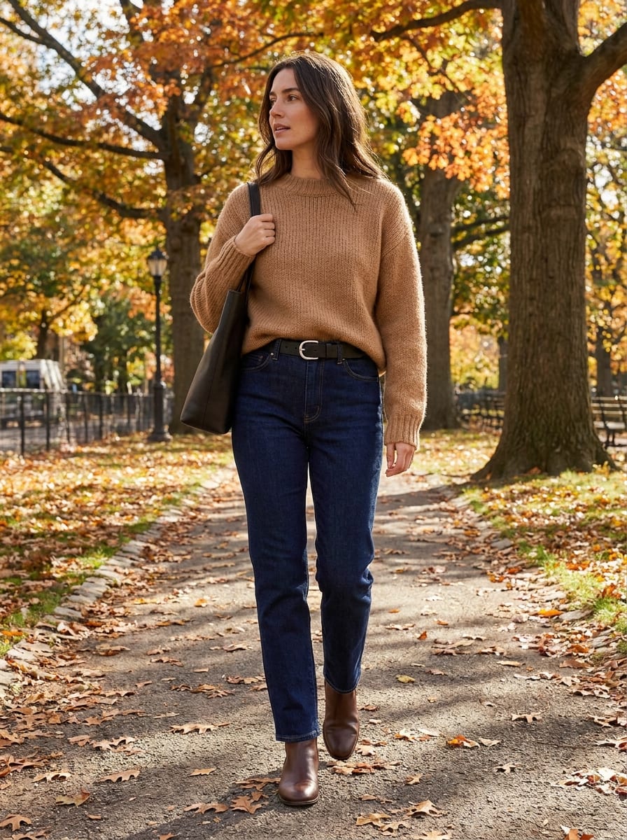 Dunkle Jeans mit Camel Pullover - Herbst Outfit
